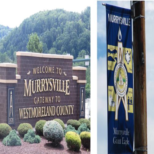 The derrick representing the original Haymaker Well is prominently featured on the 'Welcome to Murrysville' sign on Route 22 East as well as on the many banner flags lining Old William Penn Highway in Murrysville.